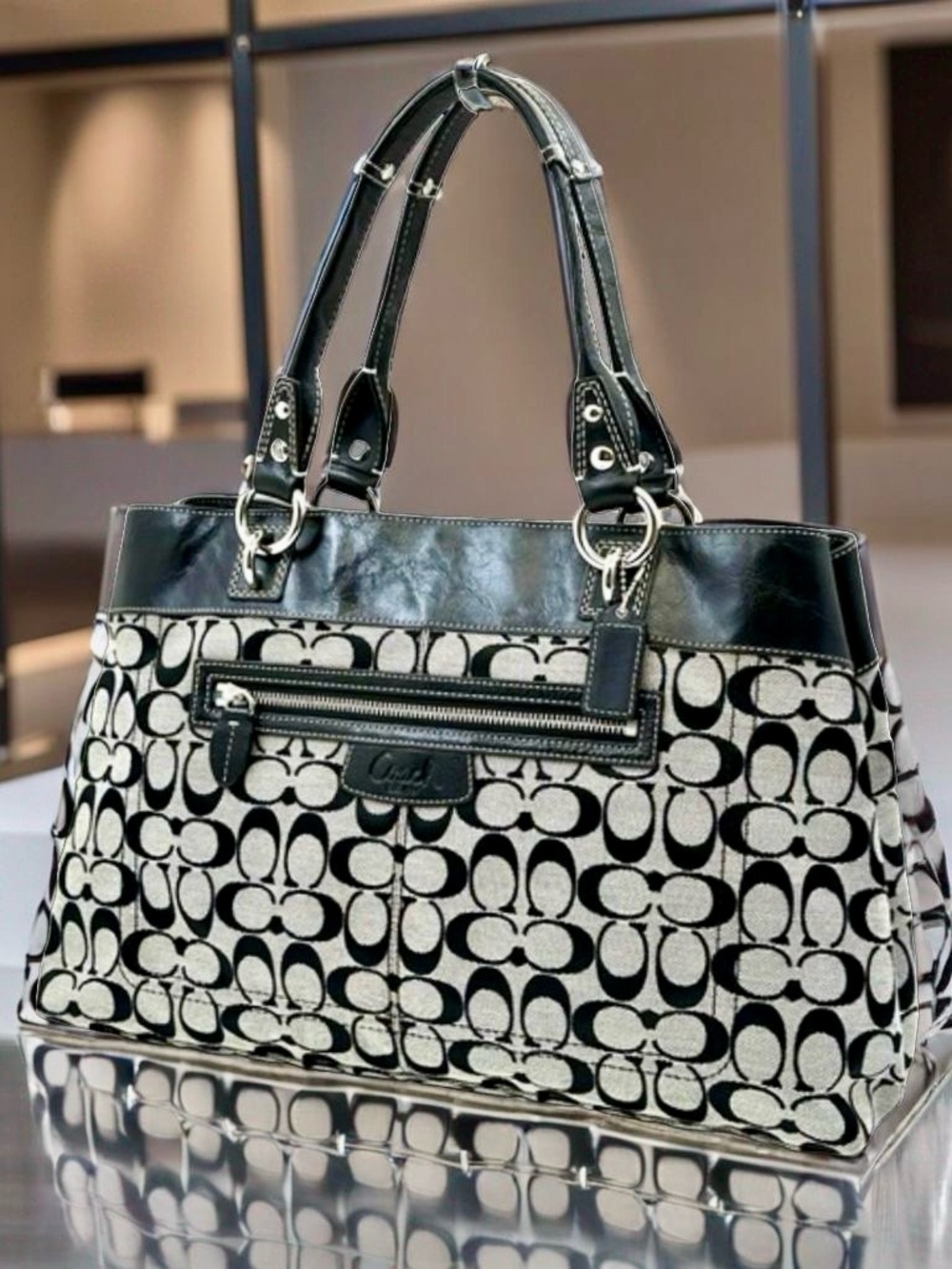 COACH Penelope Signature Canvas & Leather Carryall Tote Bag – Black / Gray
